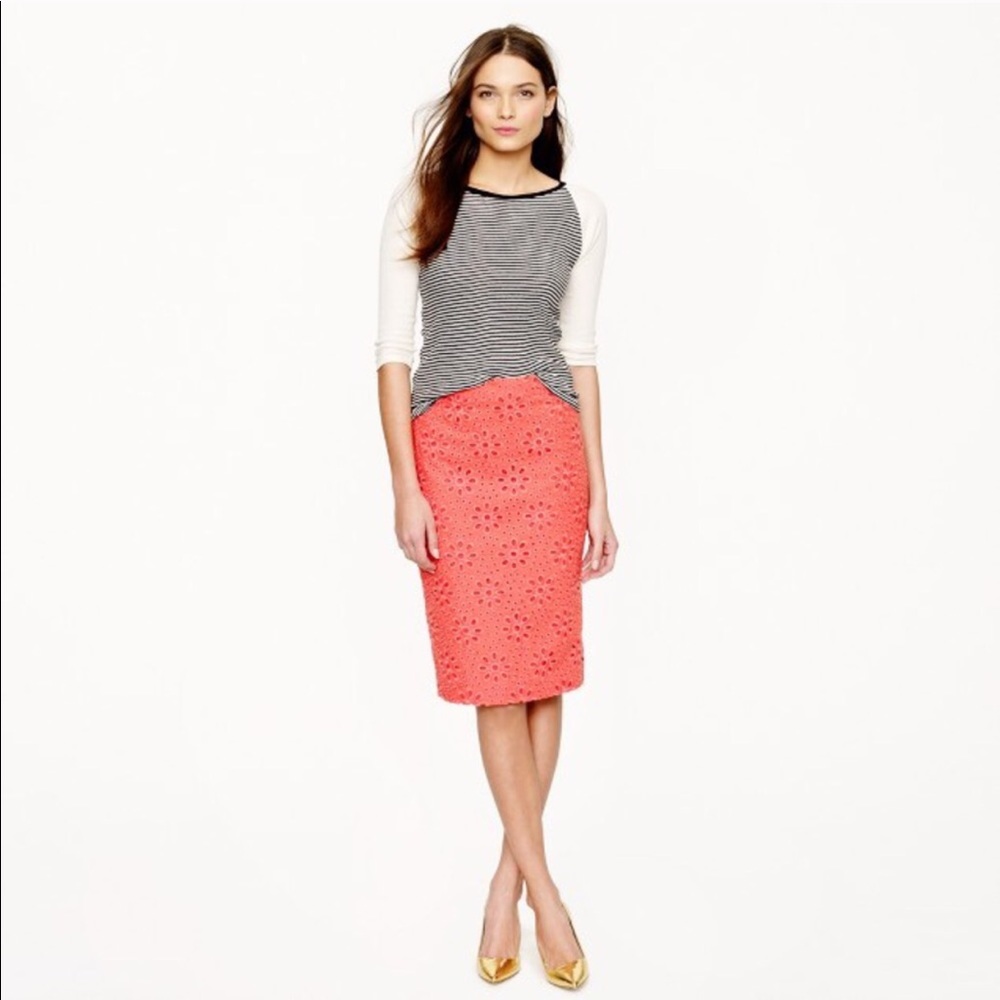J. CREW pencil skirt in coral with floral eyelet